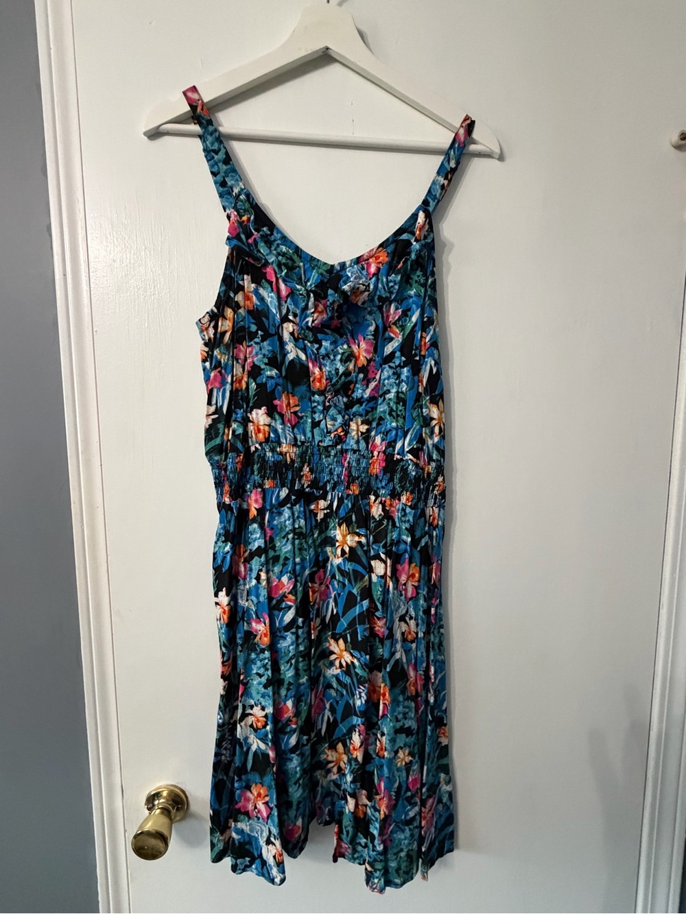 Addition Elle Teal Floral Midi Dress with Pink & Orange Accents